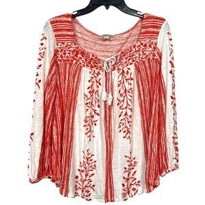 Lucky Brand Peasant Top Womens Medium White Orange Floral Tasseled Boho Linen